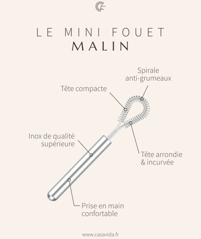 Schéma du Le mini Fouet Malin de Casavida : tête compacte, spirale anti-grumeaux, tête arrondie et incurvée, inox