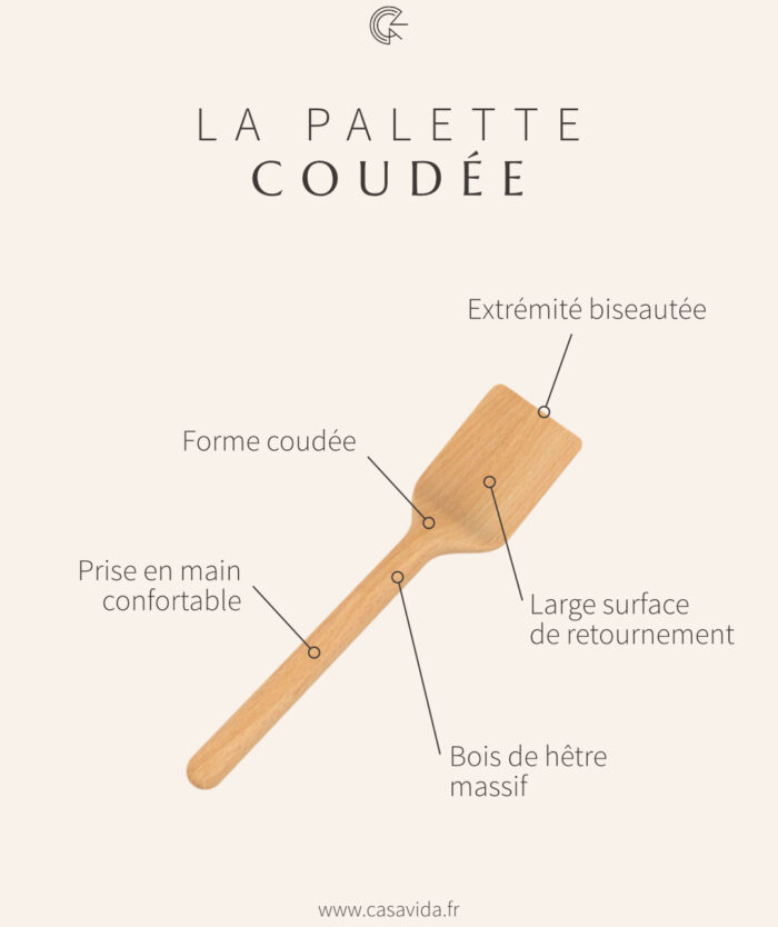 Schéma de La Palette Coudée de Casavida : forme coudée, extrémité biseautée, large surface de retournement, bois de hêtre massif