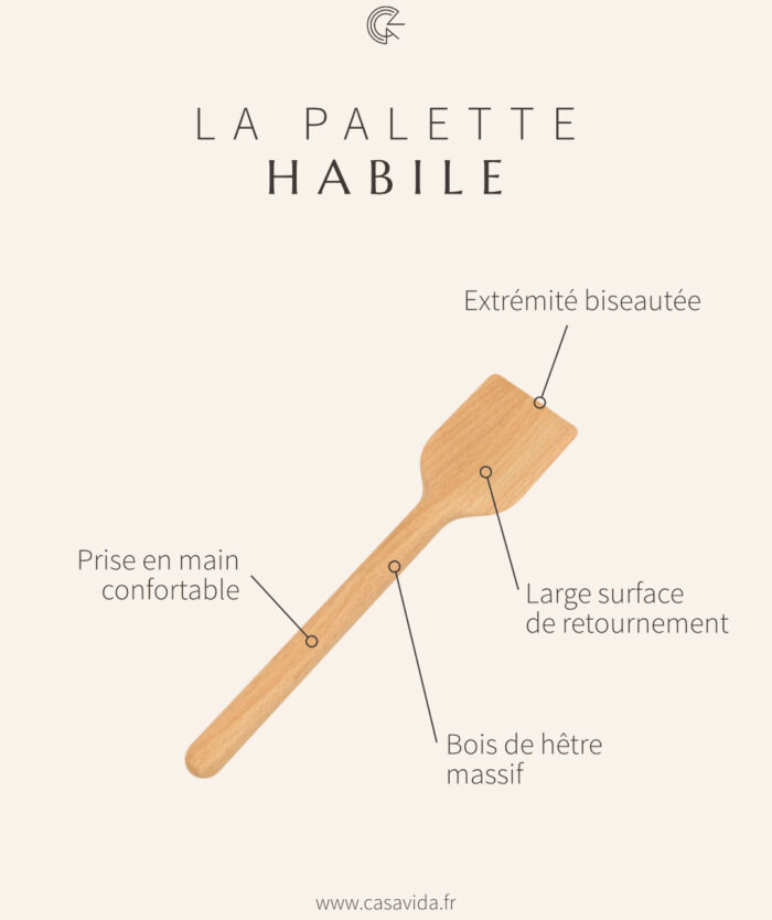 Schéma de La Palette Habile de Casavida : extrémité biseautée, large surface de retournement, bois de hêtre massif