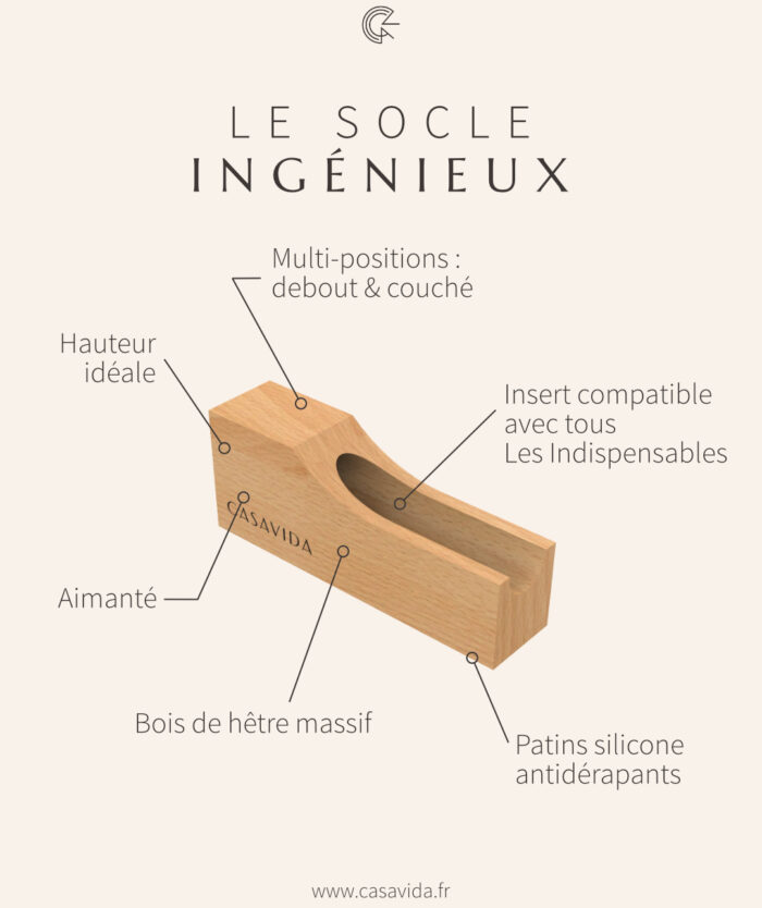 Schéma du Le Socle Ingénieux de Casavida : multi-position, aimanté, bois de hêtre massif, patins silicone, compatible Les Indispensables